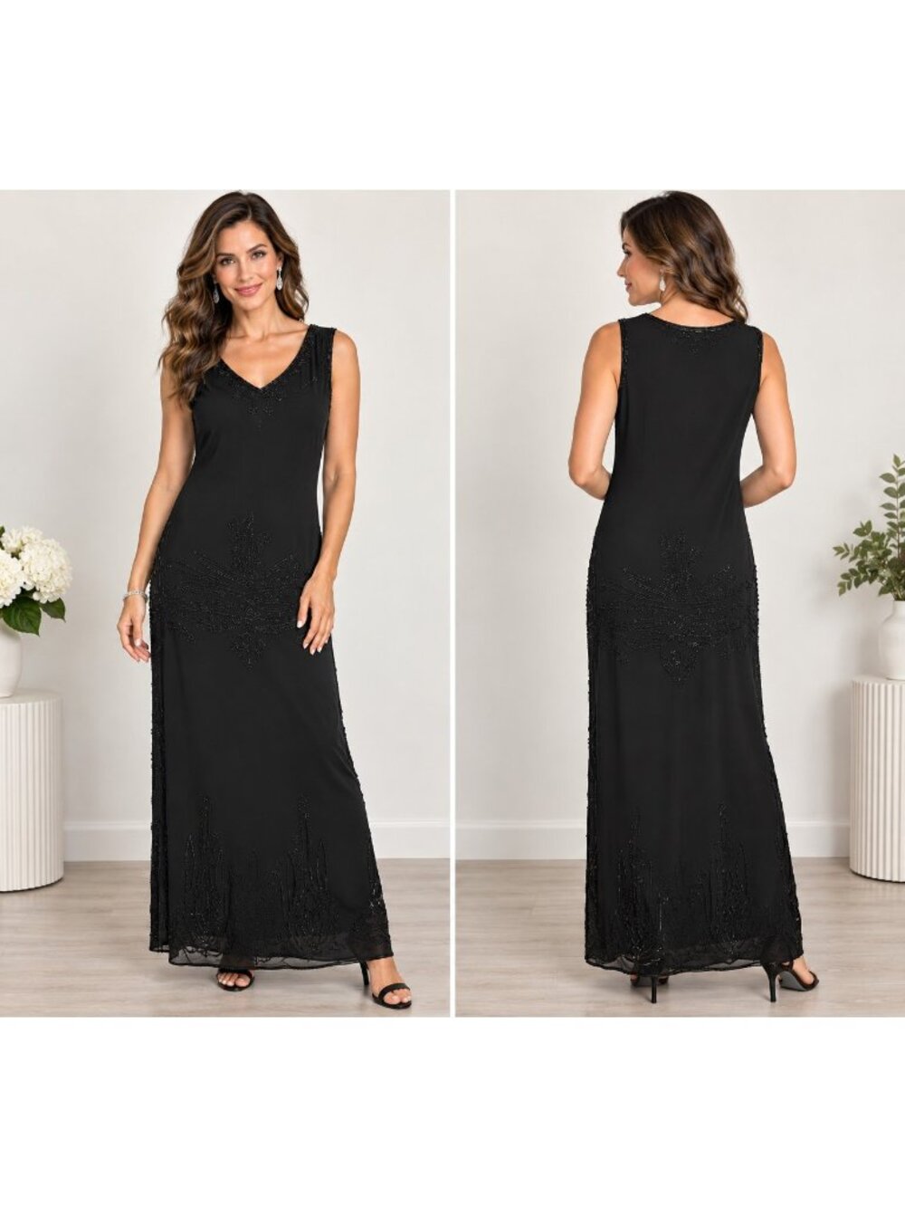 Vintage DKNY Beaded 100% Silk Size 6 Black Maxi Shift 90's Evening Elegant